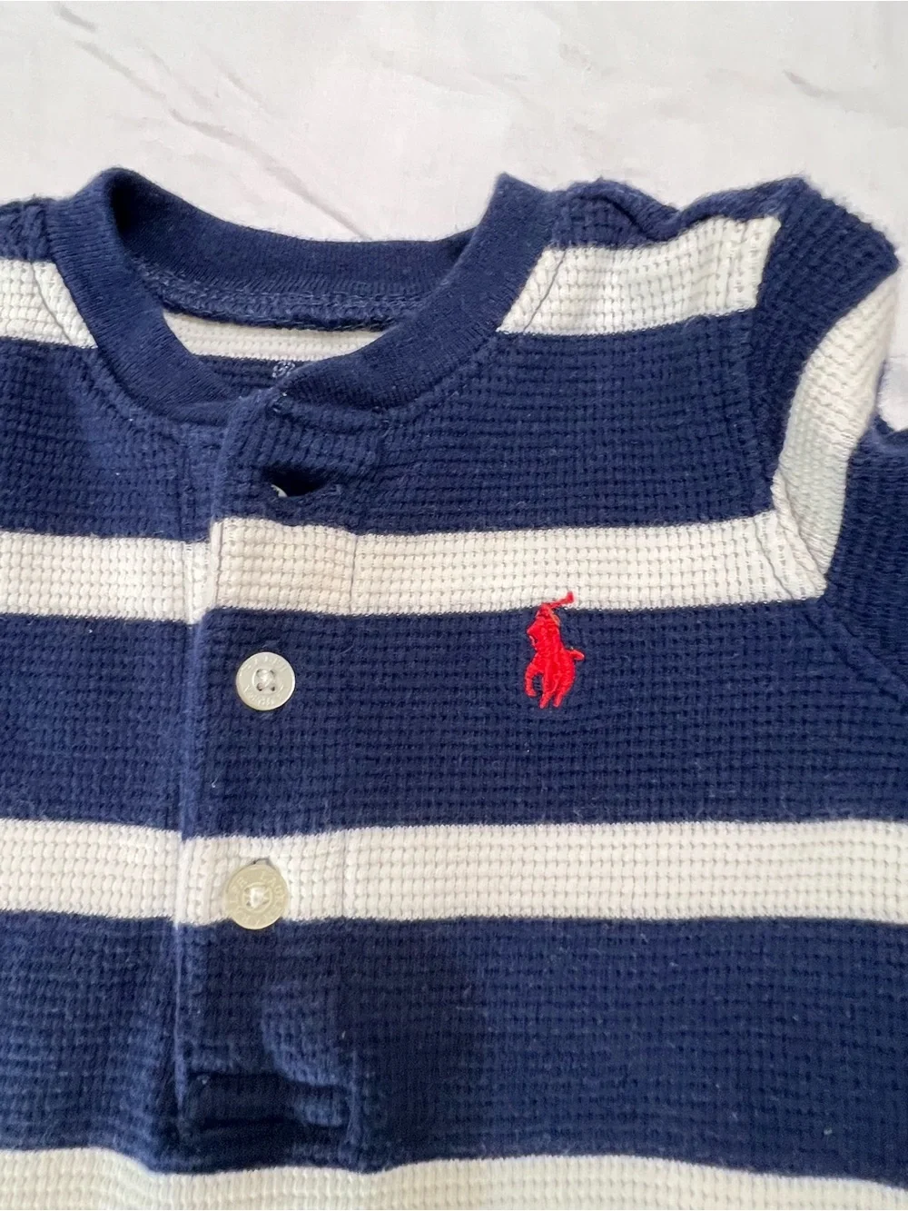 Polo by Ralph Lauren Navy & White Striped one-piece with Red Pony